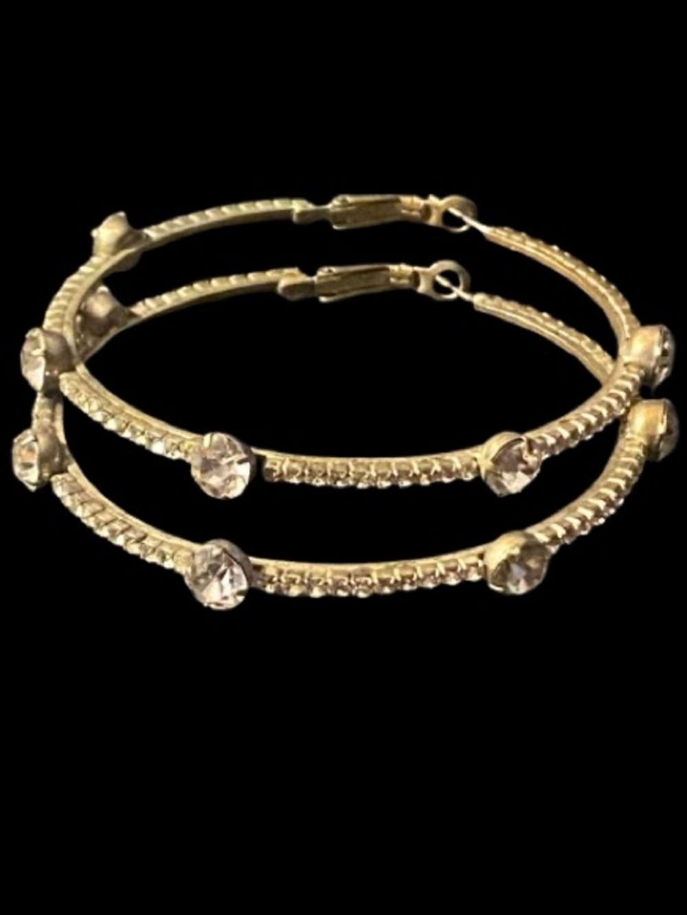 Vintage Oversized Gold Tone Metal Rhinestone Hoop Pierced Earrings 2.5”